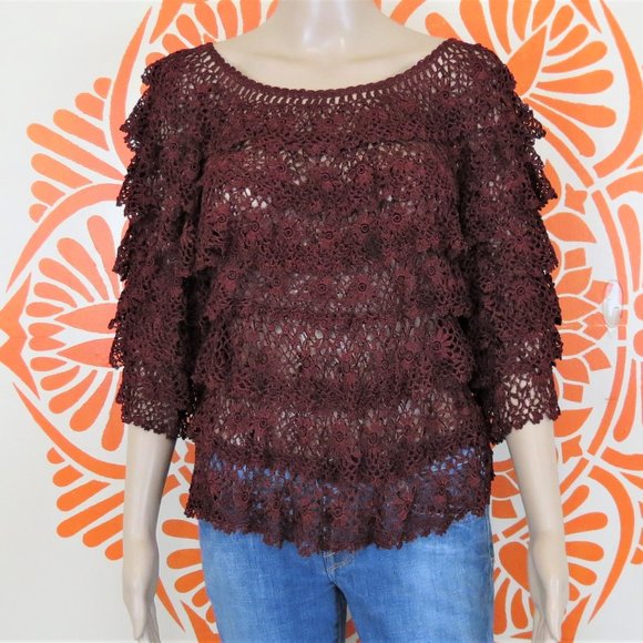 Area A Tops - Burgandy Ruffled Lace Boho Blouse S/M